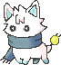 animation of a happy white cat-like creature wearing a blue scarf